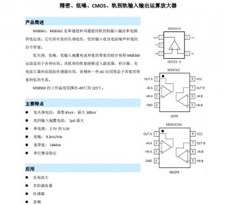 低噪聲運算放大器MS8361/8362 精密、低噪、CMOS、軌到軌輸入輸出運算放大器